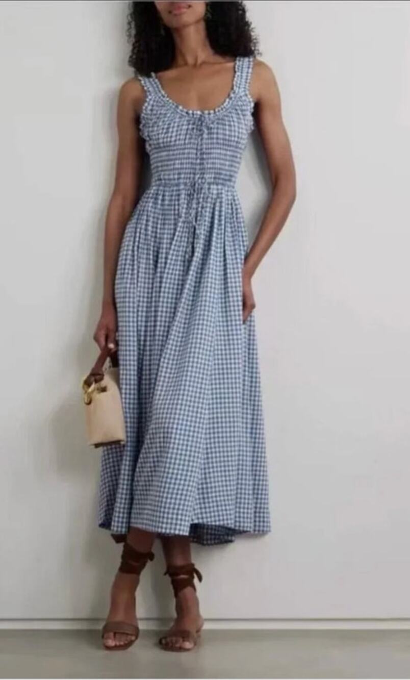 DOEN Sz S Small Emmaretta Dress Blue Gingham  Midi Sleeveless